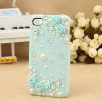 New Bling Crystal Sparkle Blue Roses Pearls Rhinestones iPhone Case