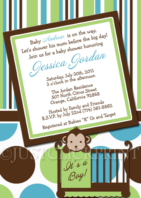 mod monkey boys green teal baby shower invitation thank you card for baby showers