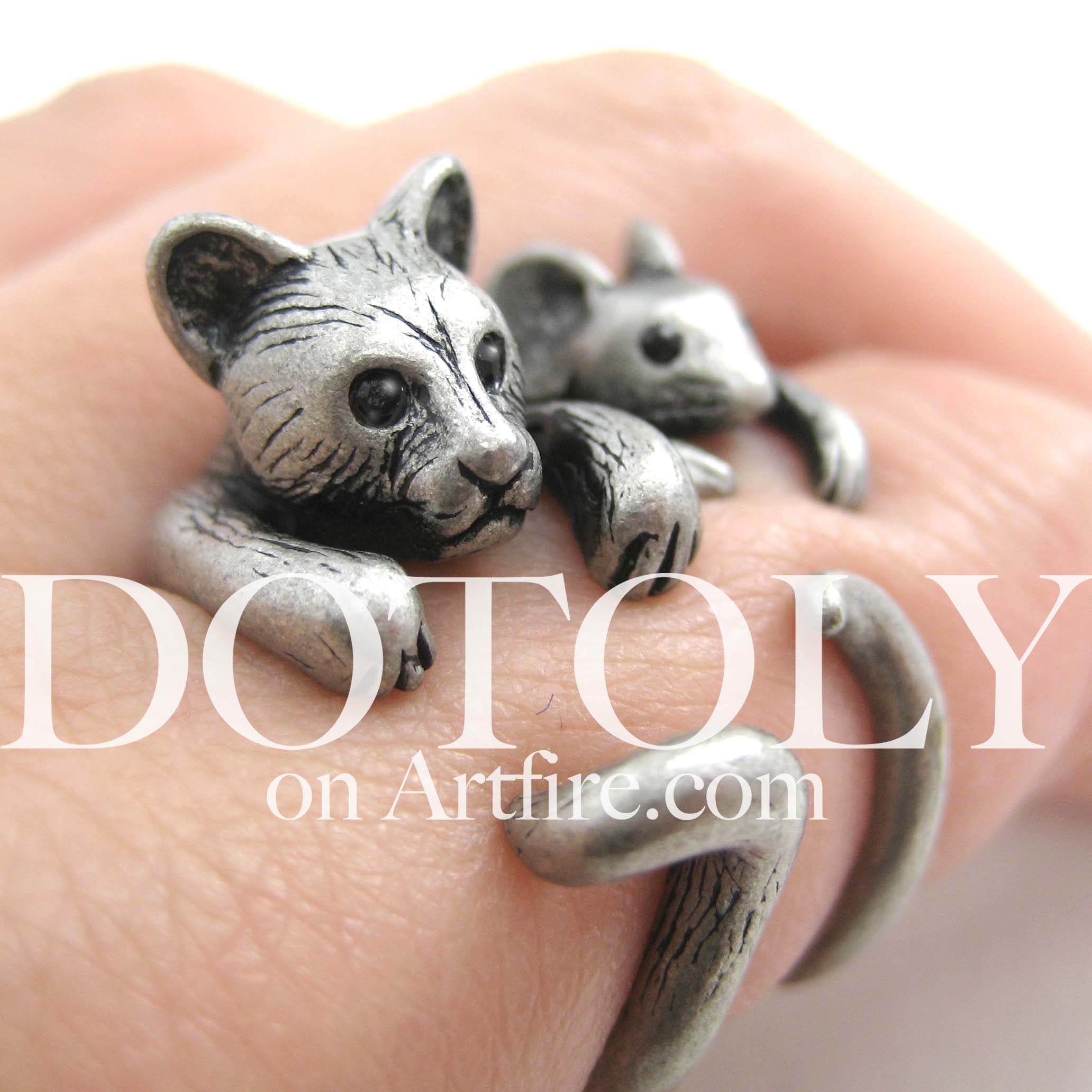 3D Kitty Cat Animal Wrap Around Ring in Silver Sizes 5 to 9 Available · DOTOLY Animal Jewelry