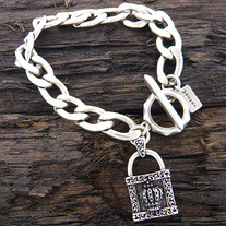 Mens Stainless Steel Chain Bracelet - Crown Lock Charm - 9 inch