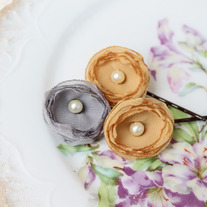 Mustard Yellow & Gray - Set of Three Flower Bobby Pins