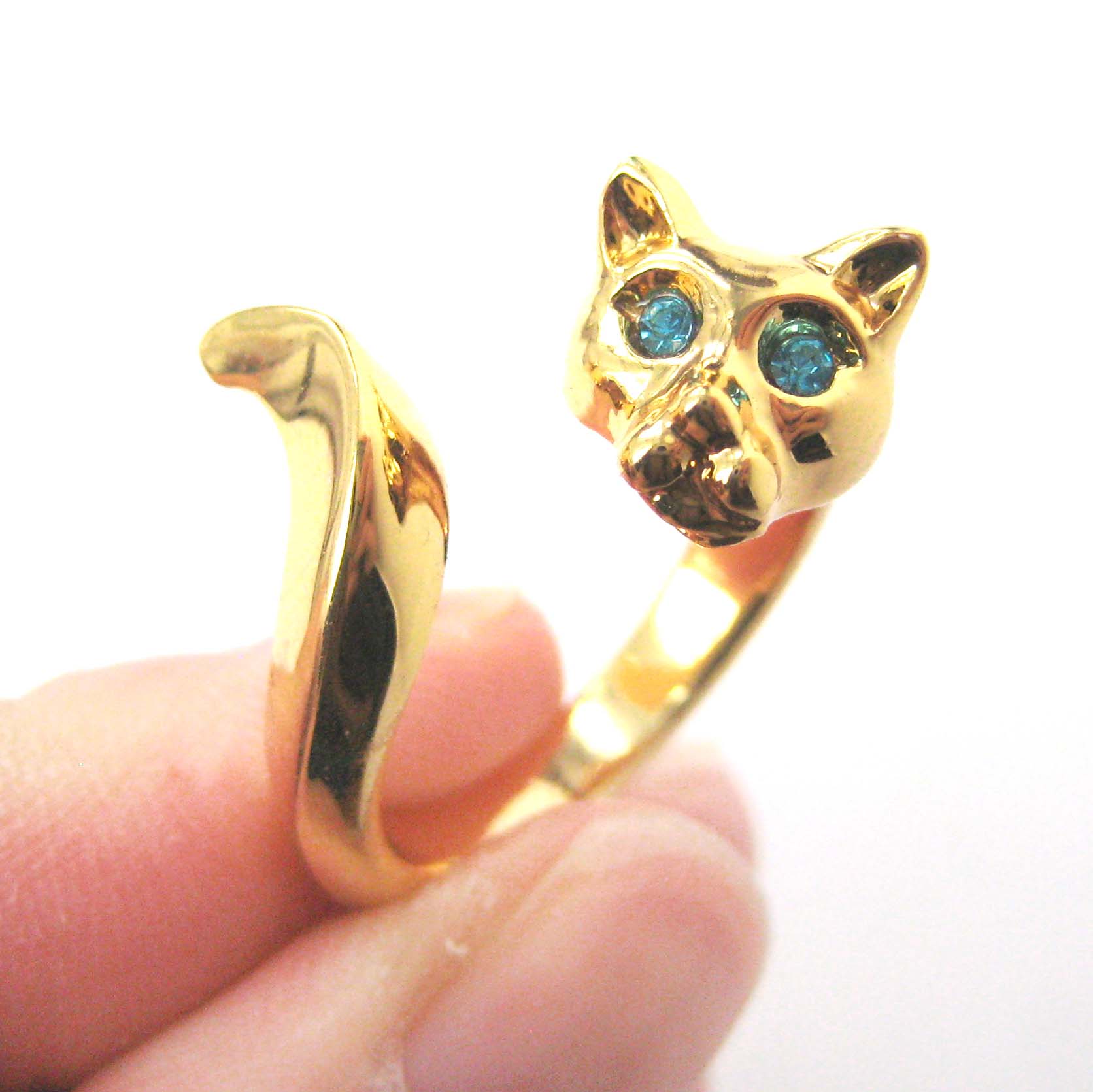 Kitty Cat Animal Wrap Around Ring in Shiny Gold with Rhinestone Eyes Sizes 6 to 9 Available