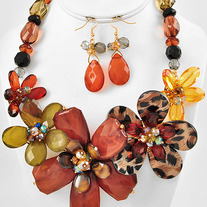 Gold & brown Graduating Leopard Print Flower Cluster Necklace & Earrings