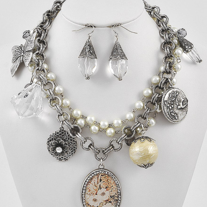 Double Strand PEARL and Silver Link CHARM Necklace & Earrings