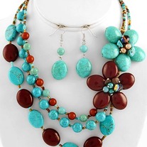 Brown & Turquoise Crystal and Pearl Multi Row Flower Necklace