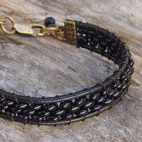 Black Leather Beaded Cuff Bracelet