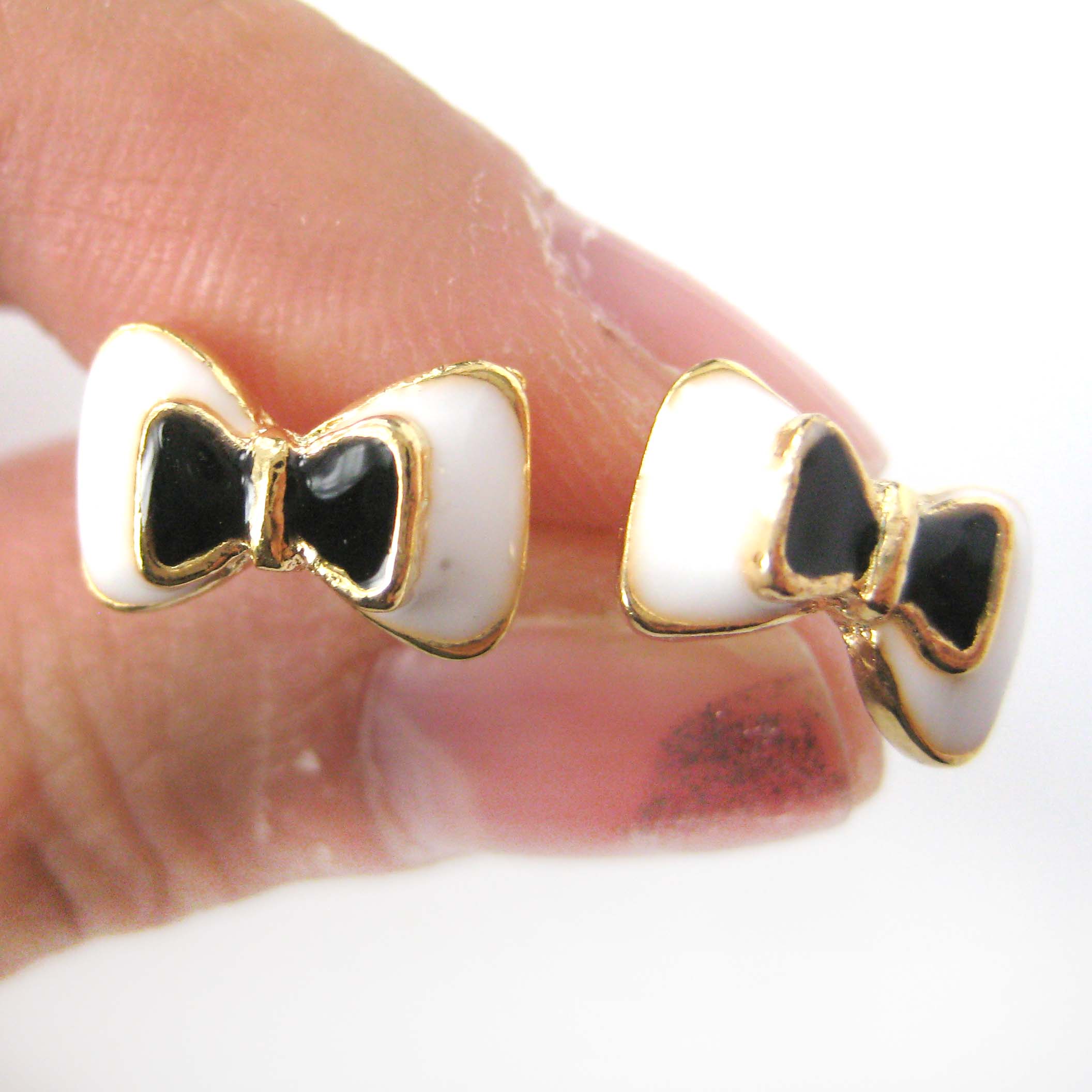 Small Bow Tie Ribbon Stud Earrings in Black White and Gold · DOTOLY