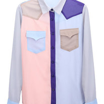 Color Block Chiffon Pastel Button Up Shirt