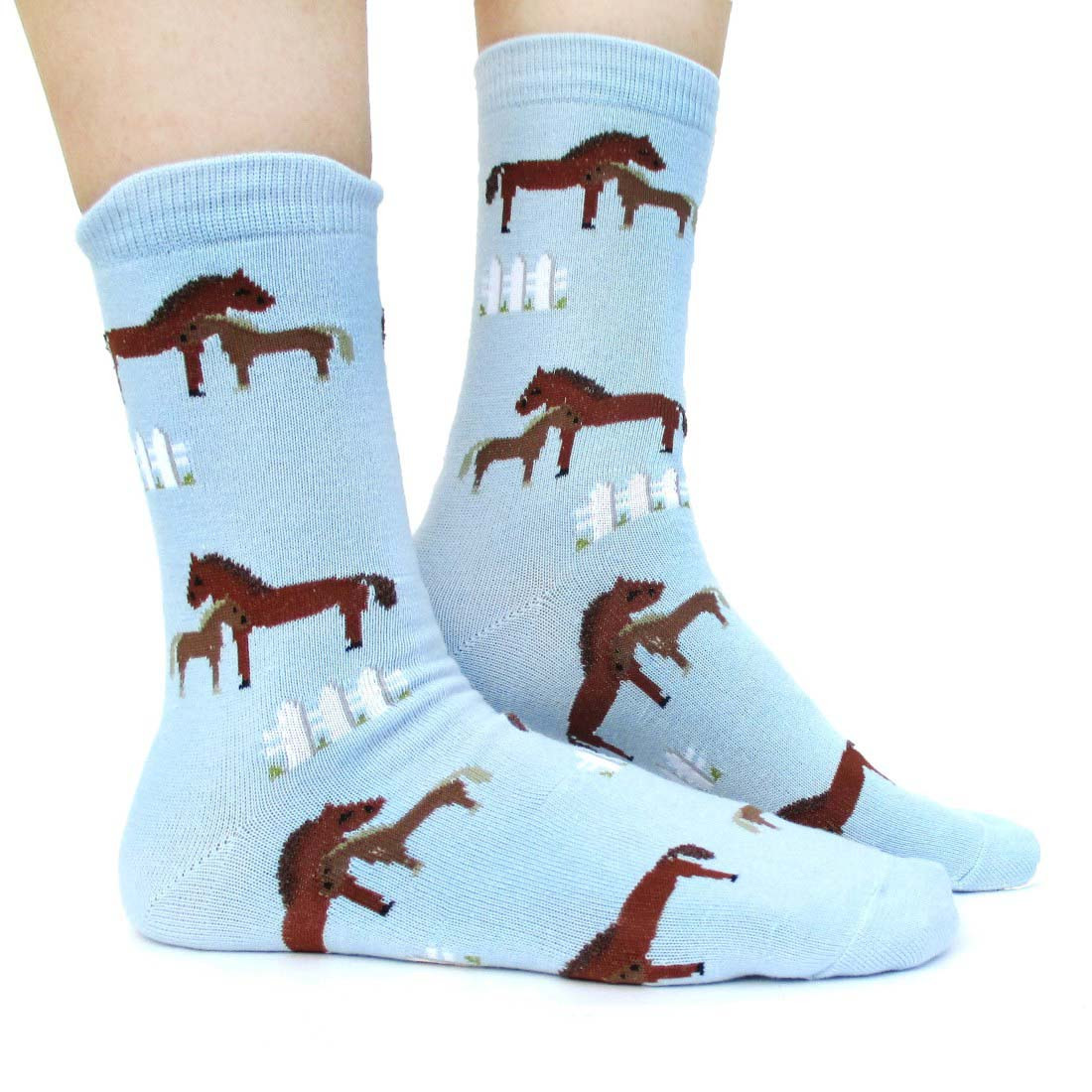 Horse Pony Novelty Print Calf High Socks for Women in Light Blue
