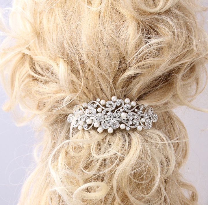 Crystal Pearl Hair Barrette Bridal Wedding Hair Accessory. Old