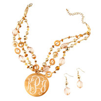 Chunky NEUTRAL Amber SHELL Beaded MONOGRAM Spring Necklace Earrings Set - Golden Crush
