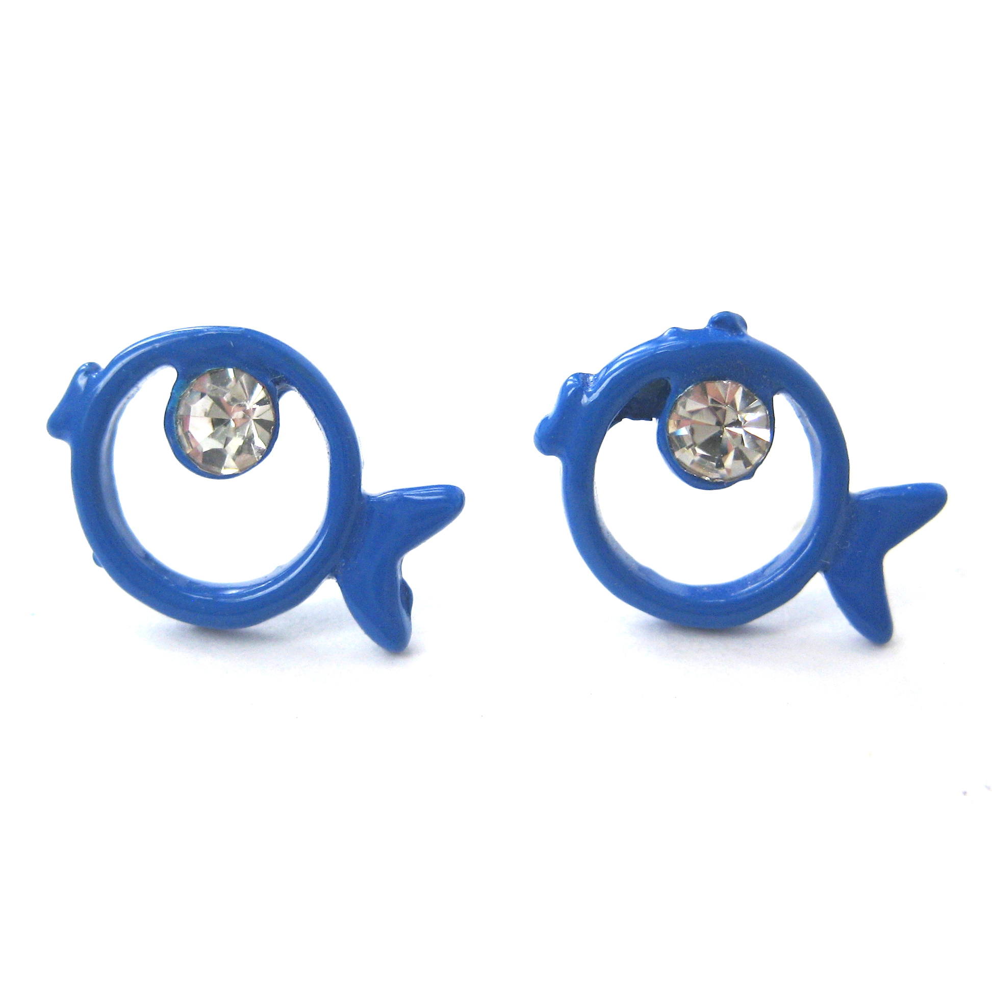 Small Round Fish Sea Animal Stud Earrings with Rhinestones in Blue
