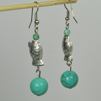 Veined sphere turquoise color bead with metal fish shape hook earring