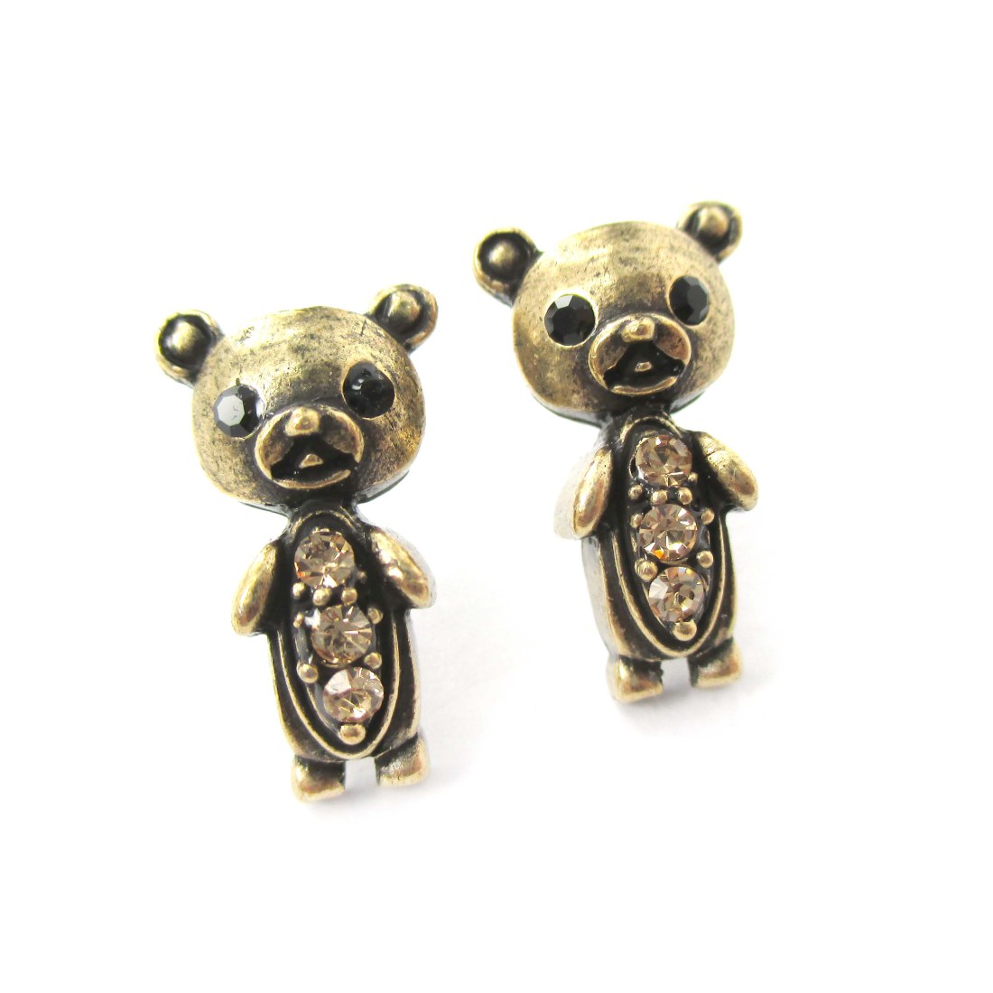 Kawaii Cute Teddy Bear Shaped Stud Earrings in Brass with Rhinestones