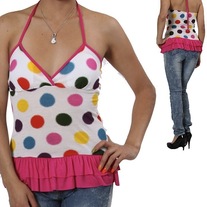 In S, M, & L - white pink rainbow polka dot decora peplum halter top tie neck tank camisole