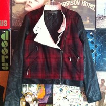Contrast Sleeve Red Plaid Motorcycle Jacket