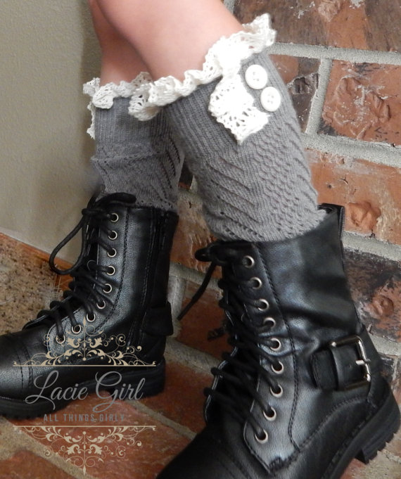 Little Girl Leg warmers Vintage style OffWhite lace sage green black