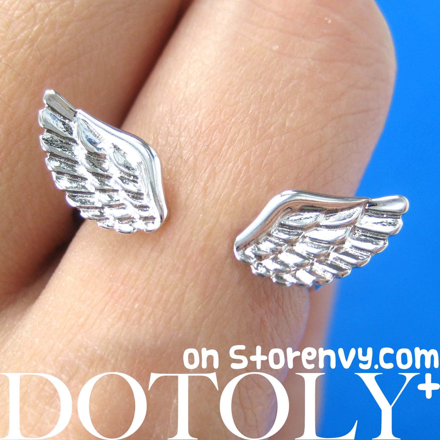 Angel Wings Feather Adjustable Ring in Shiny Silver Allergy Free