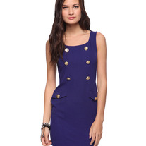 navy blue gold button military sleeveless sheath mini dress