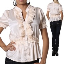 S cream off-white lace steam punk blouse lace short puff sleeve victorian shirt