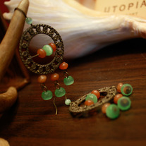 Brass Frame, Aventurine, & Green Glass Earrings