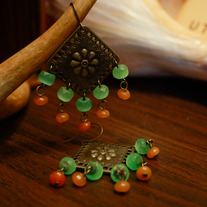 Brass Escutcheon, Green Glass, and Aventurine Earrings