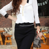 Laced Plunging Neck Chiffon Blouse