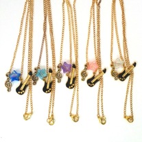 In Clear, Pink, Blue, or Purple - One Gold Black Rock Star Cluster Charm Pendant Chain Electric Guitar Necklace