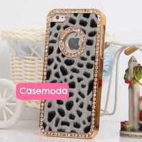 Chic Luxury Rhinestones Gray Furry Leopard Pattern iPhone 5 Case