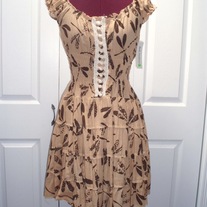 M brown tan dragonfly print short puff sleeve sundress cotton lace fitted dress