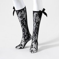 rockabilly gothic black lace bow netted knee-hi socks floral mesh knee-highs