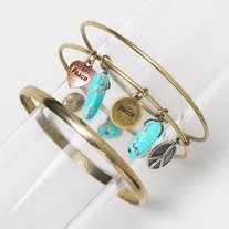 brass bronze turquoise-like dangle charm peace bracelet boho bangle set