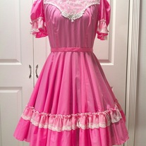 M - dayglow neon light pink puff sleeve cyber victorian lace full circle rockabilly dress