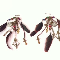 hunger games brown feather gold bronze chain sword bow arrow key clock bird wood bead dangle hook earrings