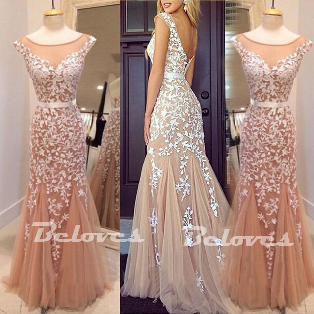 nude lace prom dress