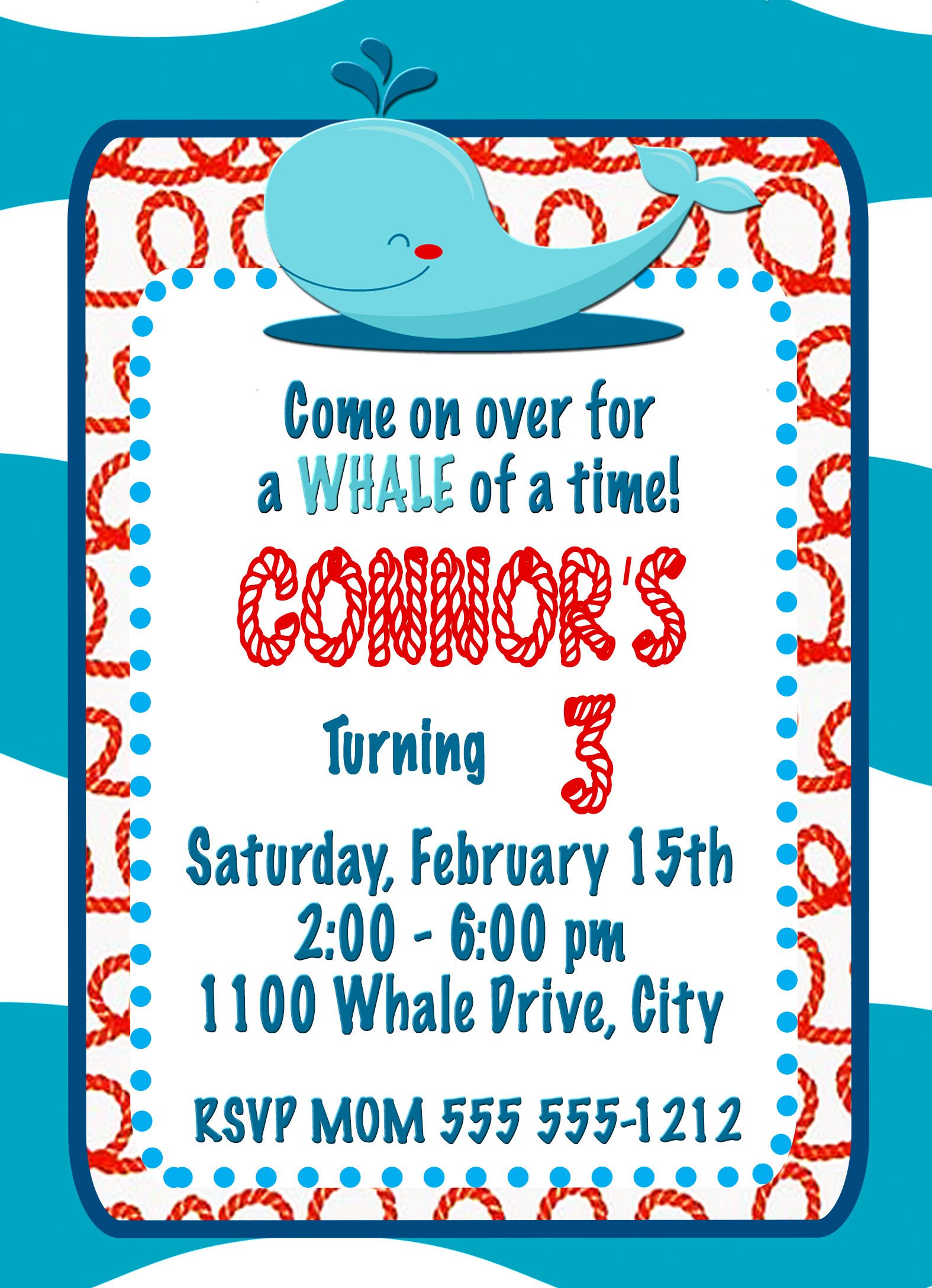 Whale Personalized Birthday Invitation 1 Sided, Birthday Card, Party