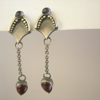 Iolite and silver with garnet drop earrings.