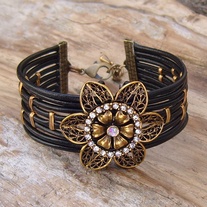 Black Leather Cuff Bracelet with Large Gold Crystal Flower