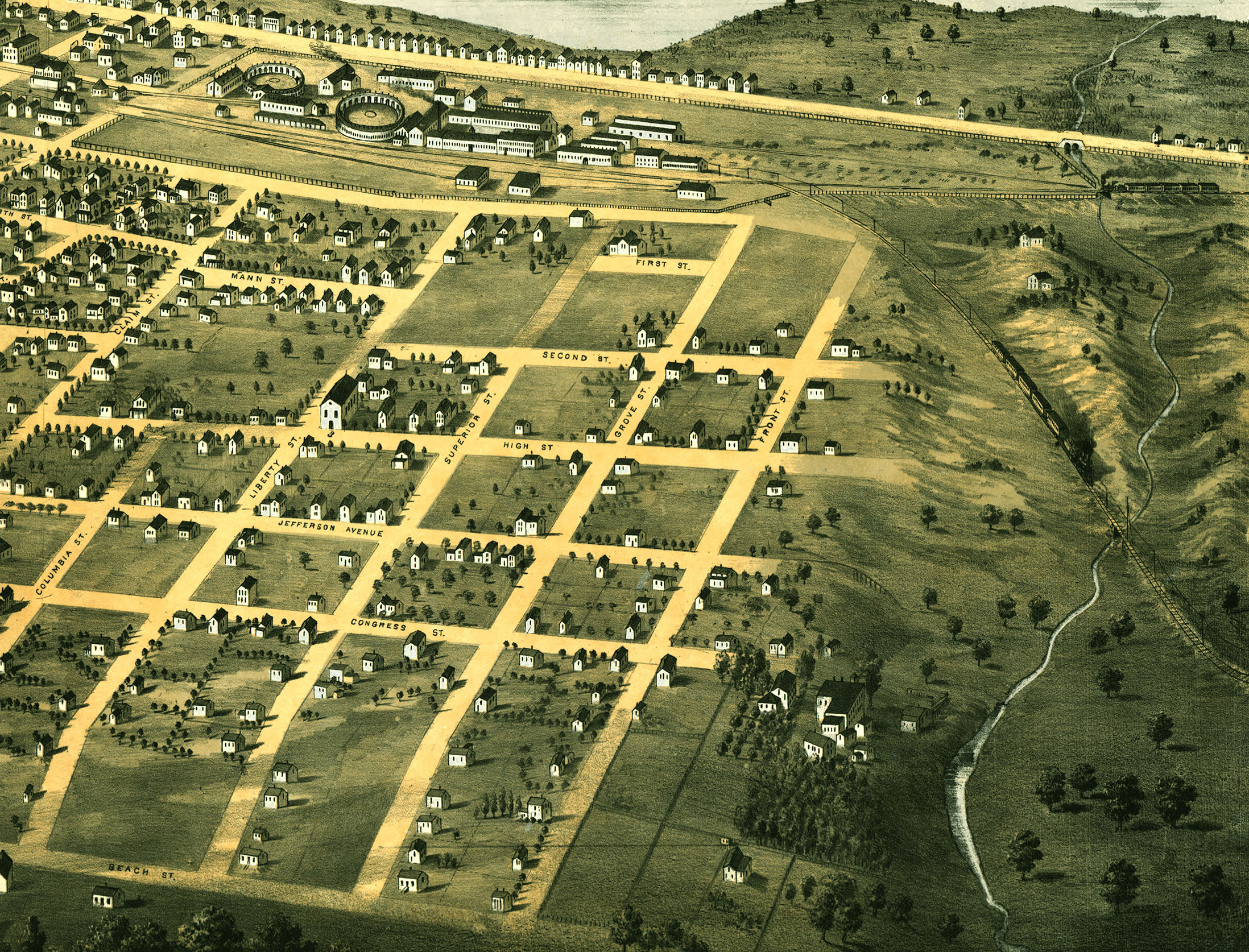 Aurora, Illinois in 1867 Bird's Eye View, Map, Aerial, Panorama