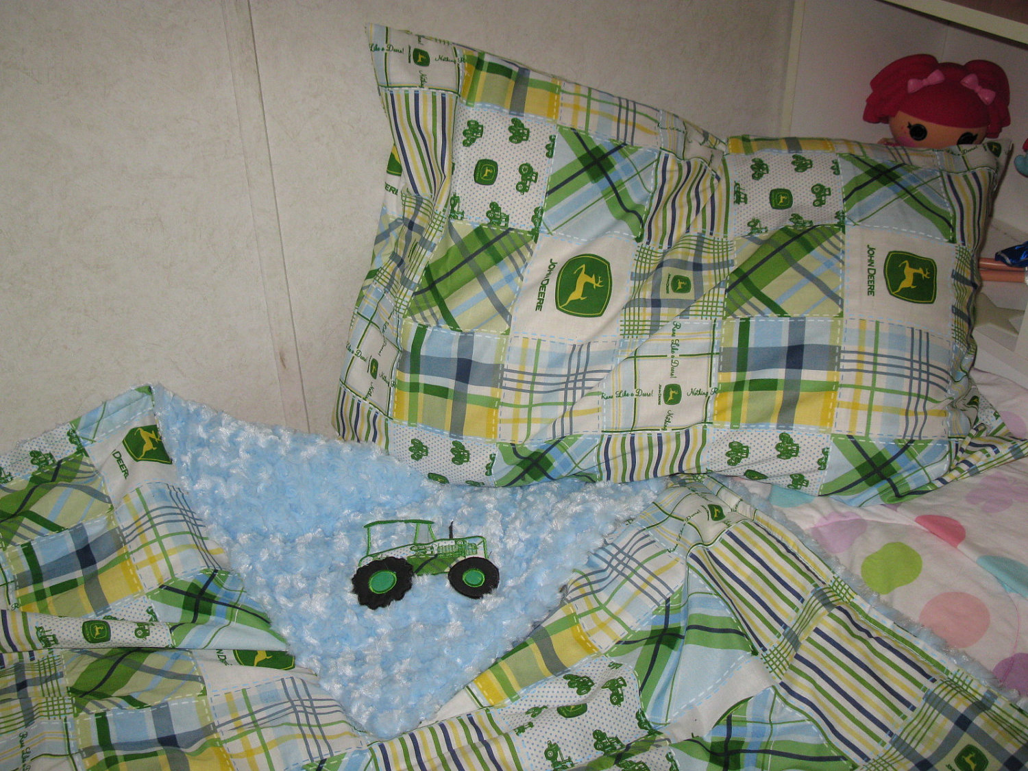 Boys John Deere Blue Plaid Madras Minky Twin Bed Blanket 50x60 and