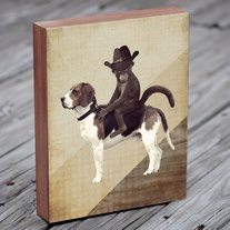 Monkey in Cowboy Hat Riding a Beagle - Wood Block Print