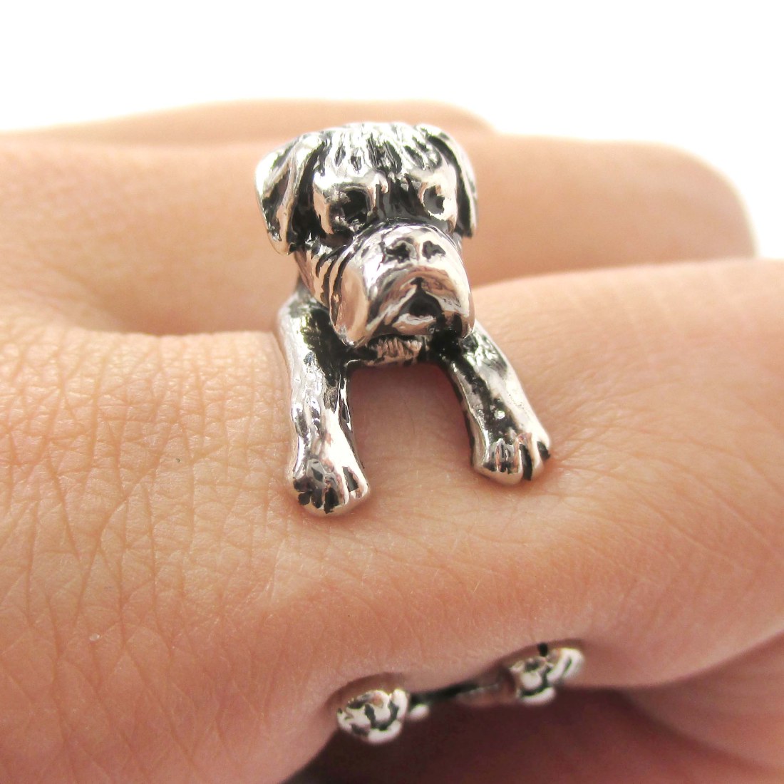 3D Boxer Puppy Animal Wrap Ring in Shiny Silver Sizes 4 to 8.5
