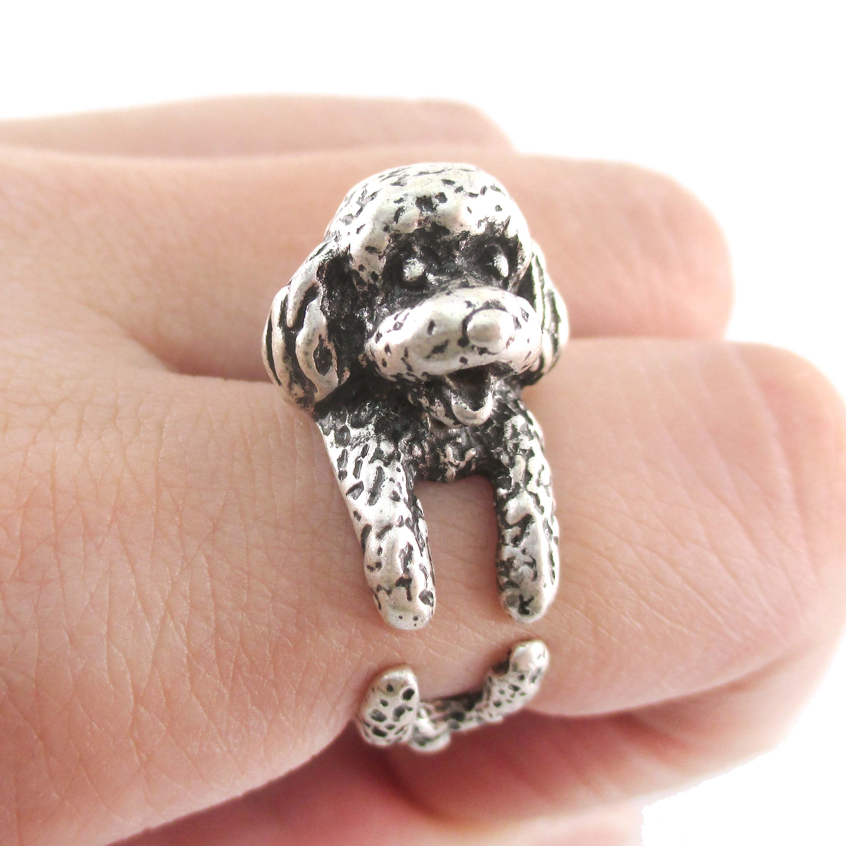 detailed toy poodle shaped animal wrap ring in silver size 5 to 8 size 5 ring