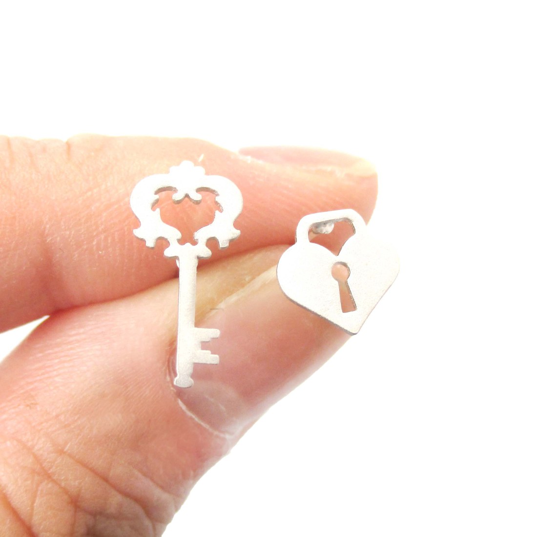 Heart Shaped Lock and Skeleton Key Shaped Allergy Free Stud Earrings in
