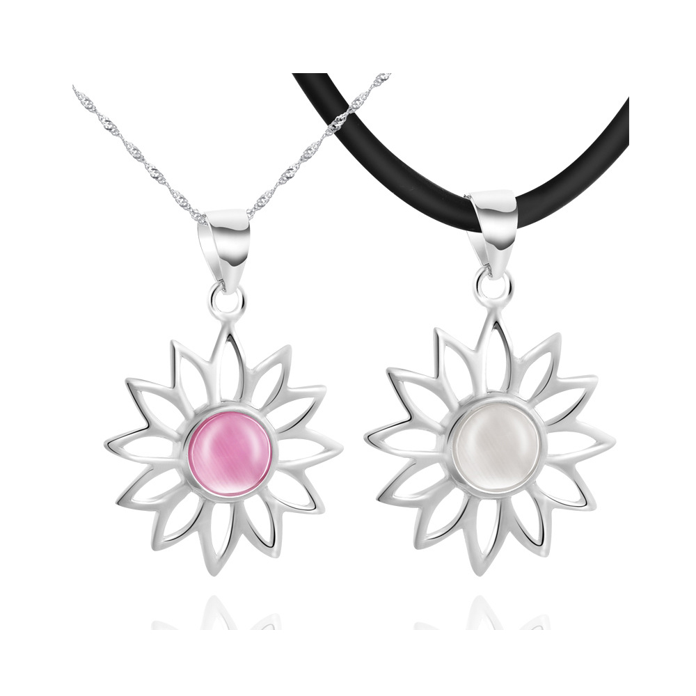 925 Sterling Couple Lovers Sunflower Opal Pendant Necklaces Jewelry And