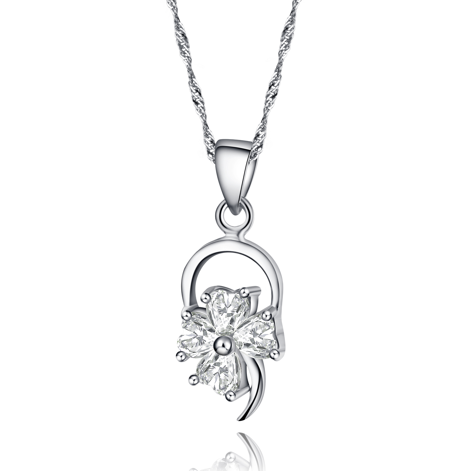 Genuine 925 Sterling Silver Flower Pendant Necklace Paved Cubic