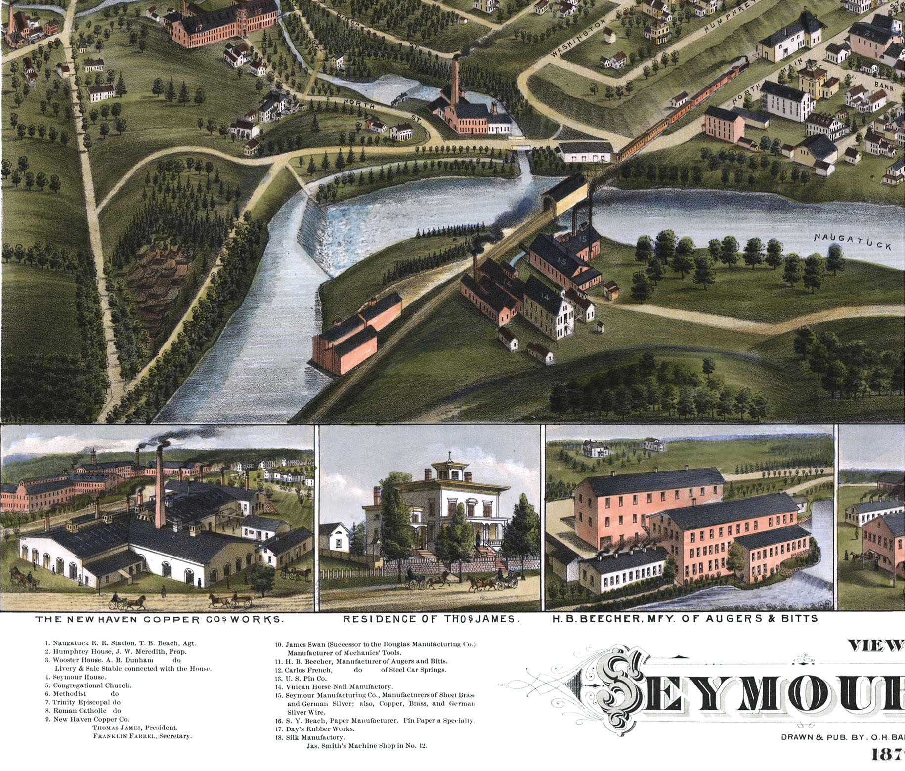 Seymour, Connecticut in 1879 Bird's Eye View Map, Aerial, Panorama