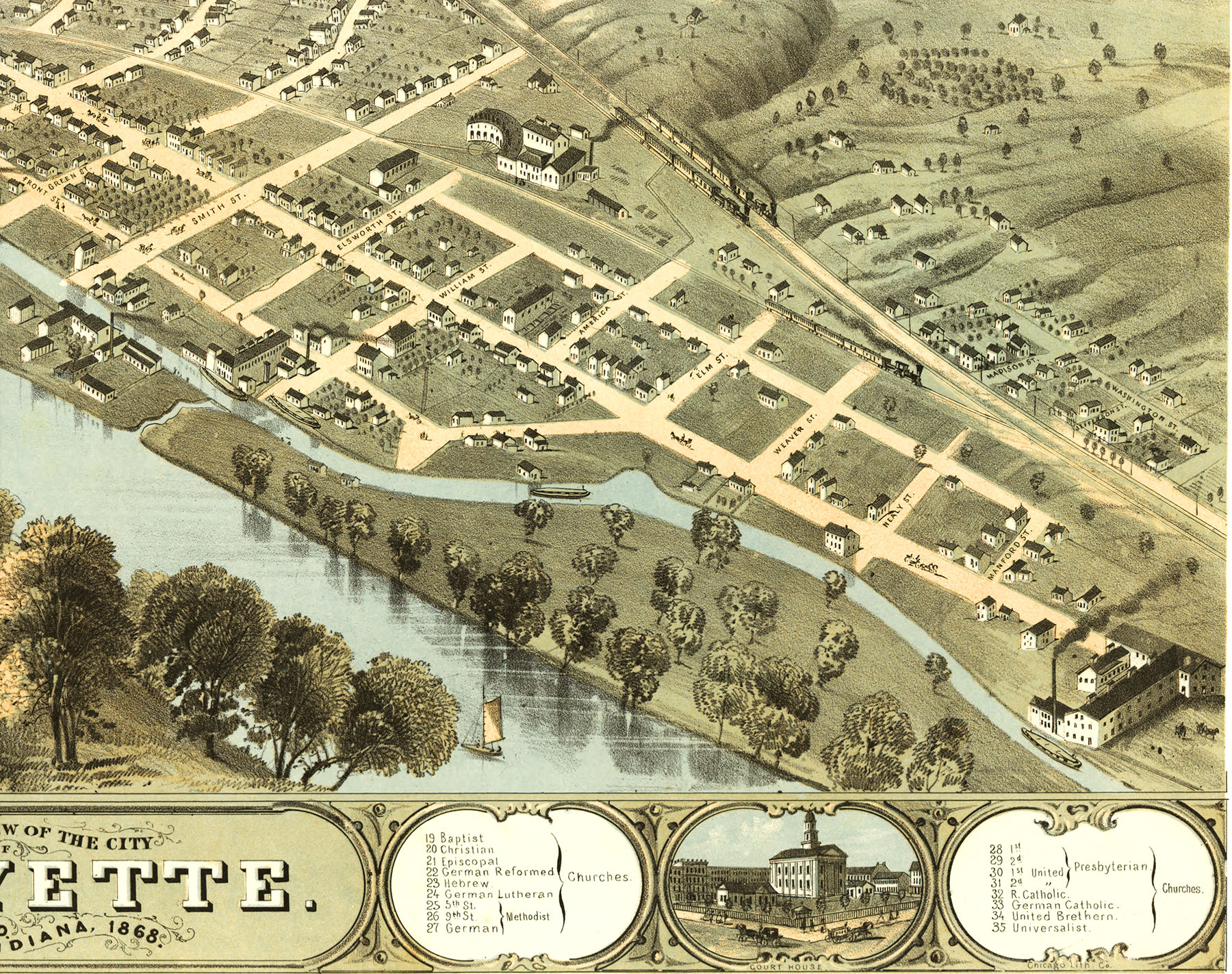 Lafayette, Indiana in 1868 Bird's Eye View Map, Aerial, Panorama