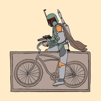 Boba Fett riding a bike that is frozen in carbonite, 5x5 print