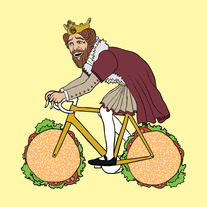 Burger King guy riding bike with hamburger wheels, 5x5 print